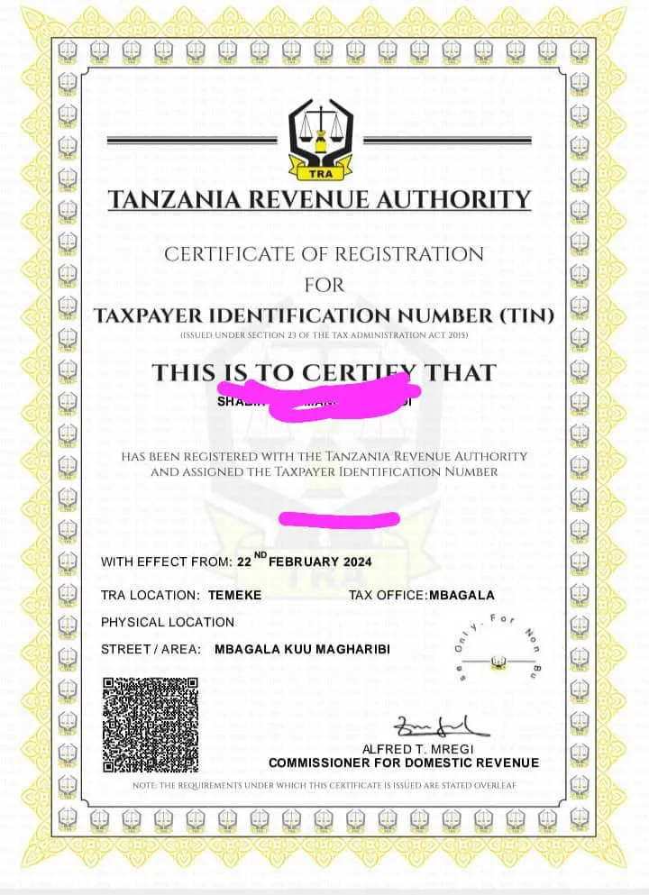 TIN NUMBER AND TIN CERTIFICATE 