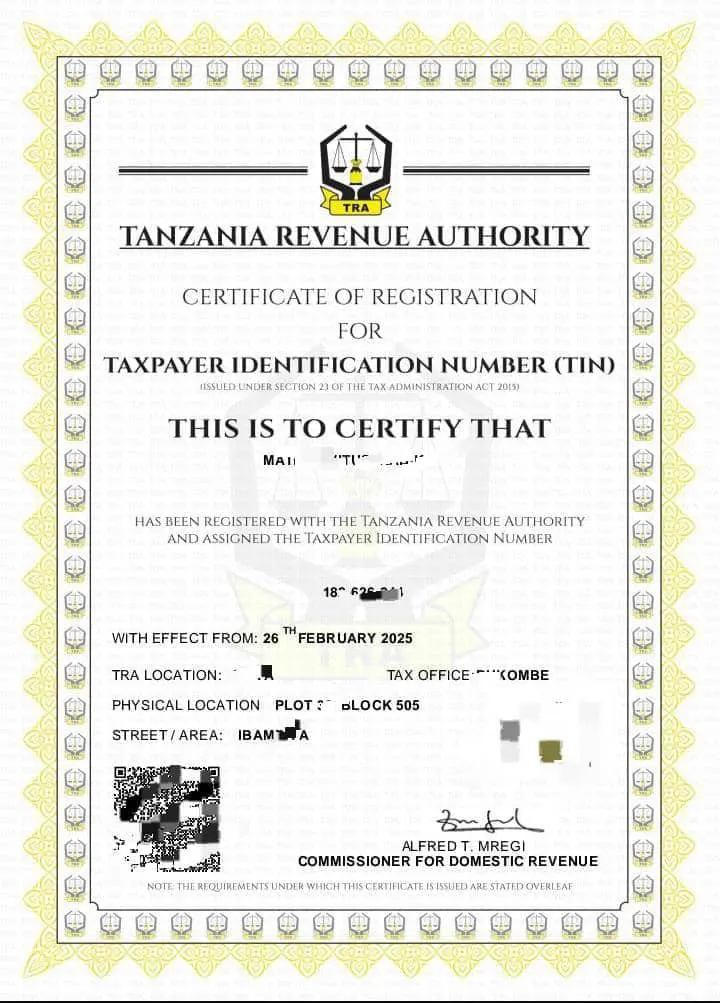 TIN NUMBER AND TIN CERTIFICATE 